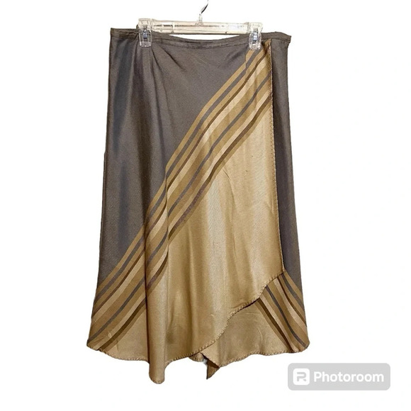 Coldwater Creek Boho Faux Wrap Midi Skirt Tan Grey Geometric Stripe Draped Sz L - Picture 1 of 11